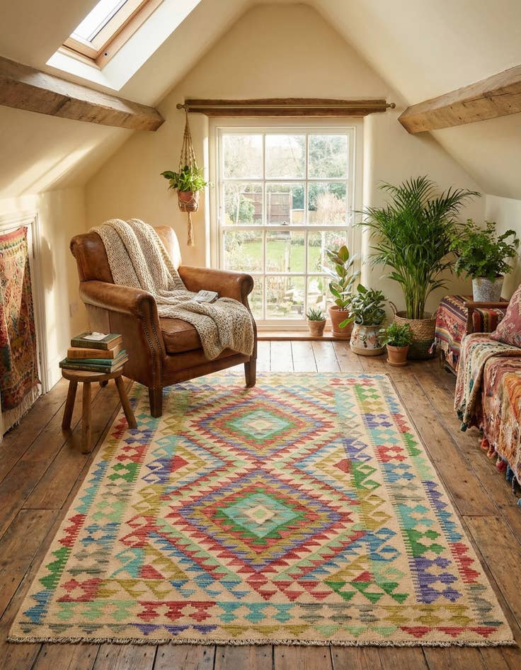 Detail image of 4' x 5' 8  Hand Woven Kilim Maymana Wool Rug