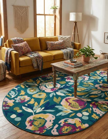 Teal Bloom Oval Rug