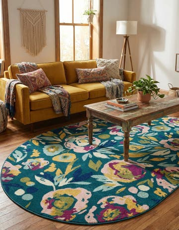 Teal Bloom Oval Rug