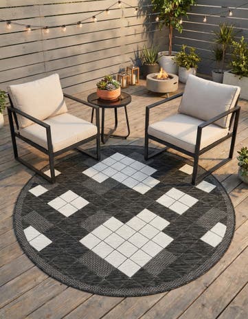 Black and White Easy-Clean Modern Indoor / Outdoor Round Rug