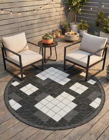 Black and White Easy-Clean Modern Indoor / Outdoor Round Rug