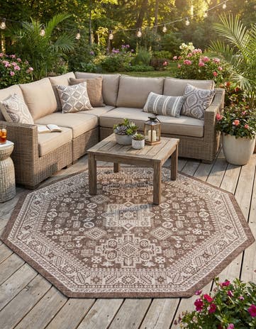 Brown Easy-Clean Aztec Indoor / Outdoor Octagon Rug