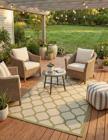 Beige and Olive Easy-Clean Lattice Indoor / Outdoor Rug
