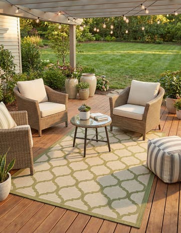 Beige and Olive Easy-Clean Lattice Indoor / Outdoor Rug