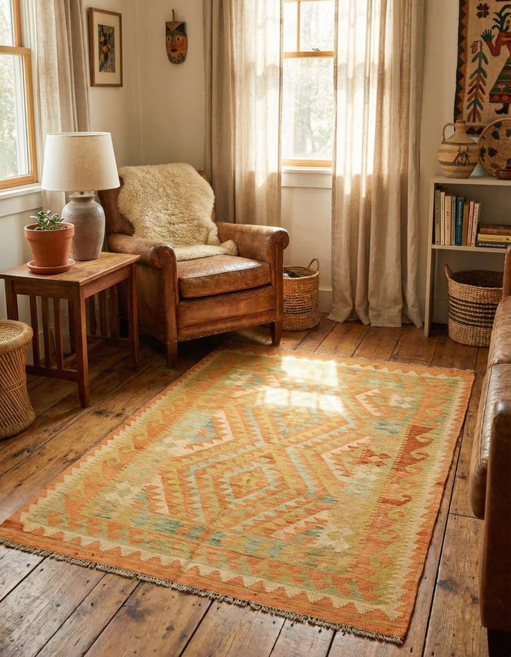 Detail image of  3' 4 x 4' 10  Hand Woven Kilim Waziri Wool Rug