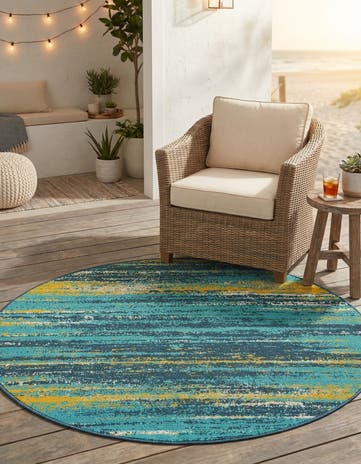Multi.Blue Easy-Clean Coastal Indoor / Outdoor Round Rug