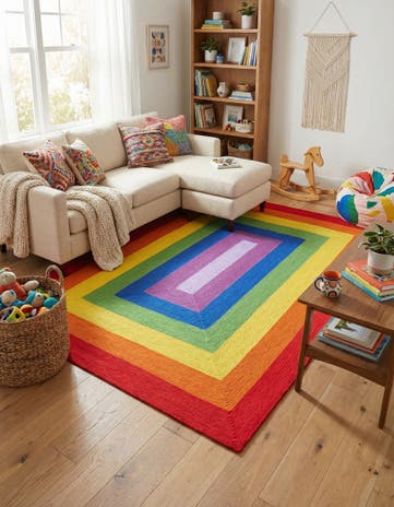 9' x 12' Handmade Hand Braided Rainbow Wool Rug