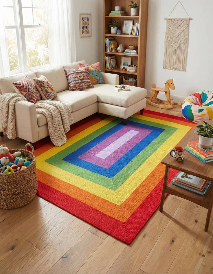 Detail image of 9' x 12'  Hand Hand Braided Rainbow Wool Rug