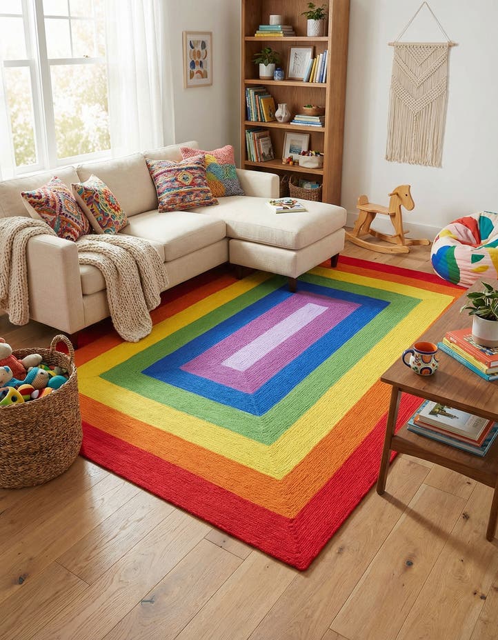 9' x 12' Handmade Hand Braided Rainbow Wo...