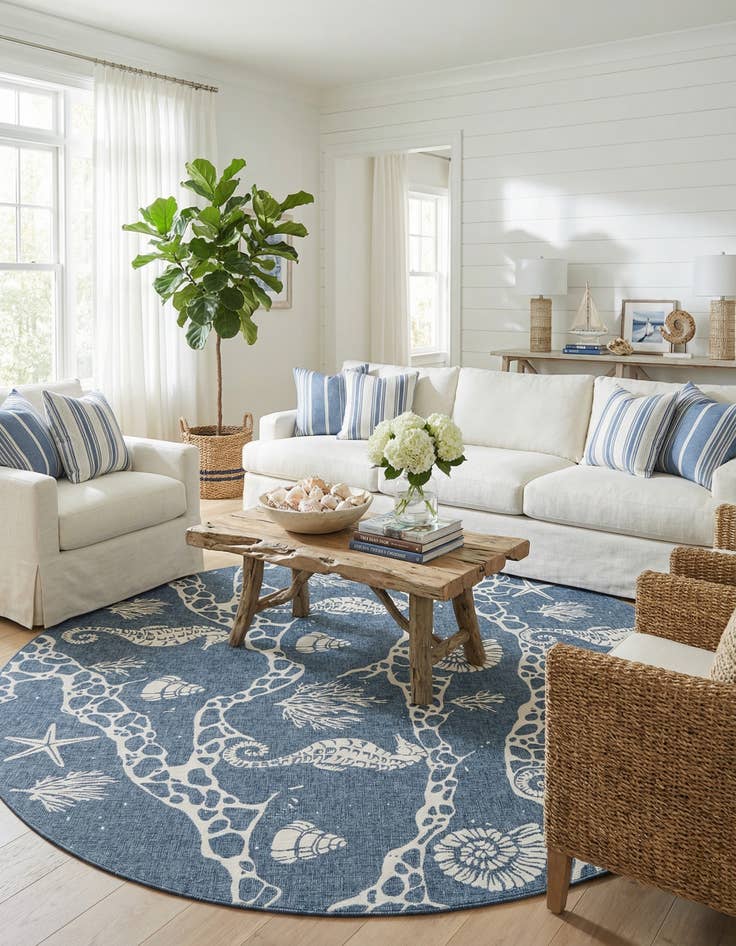 Detail image of 12' x 12'  Washable Coastal Indoor / Outdoor Round Rug