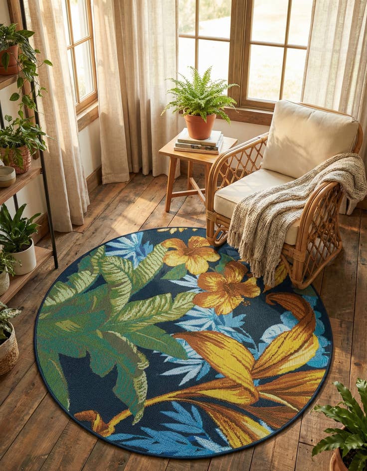 Detail image of 3' x 3'  Washable Botanical Indoor / Outdoor Round Rug