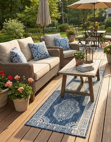 Blue Easy-Clean Traditional Indoor / Outdoor Runner Rug