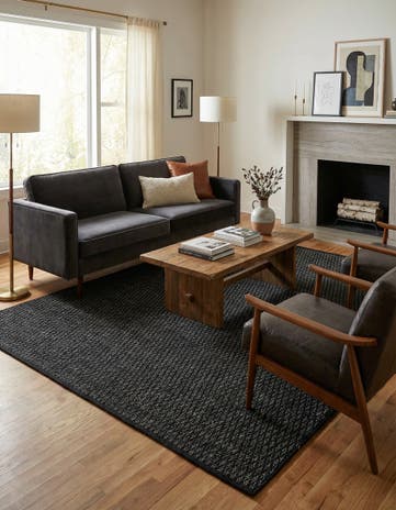 Black Hand Woven Lattice Wool Square Rug