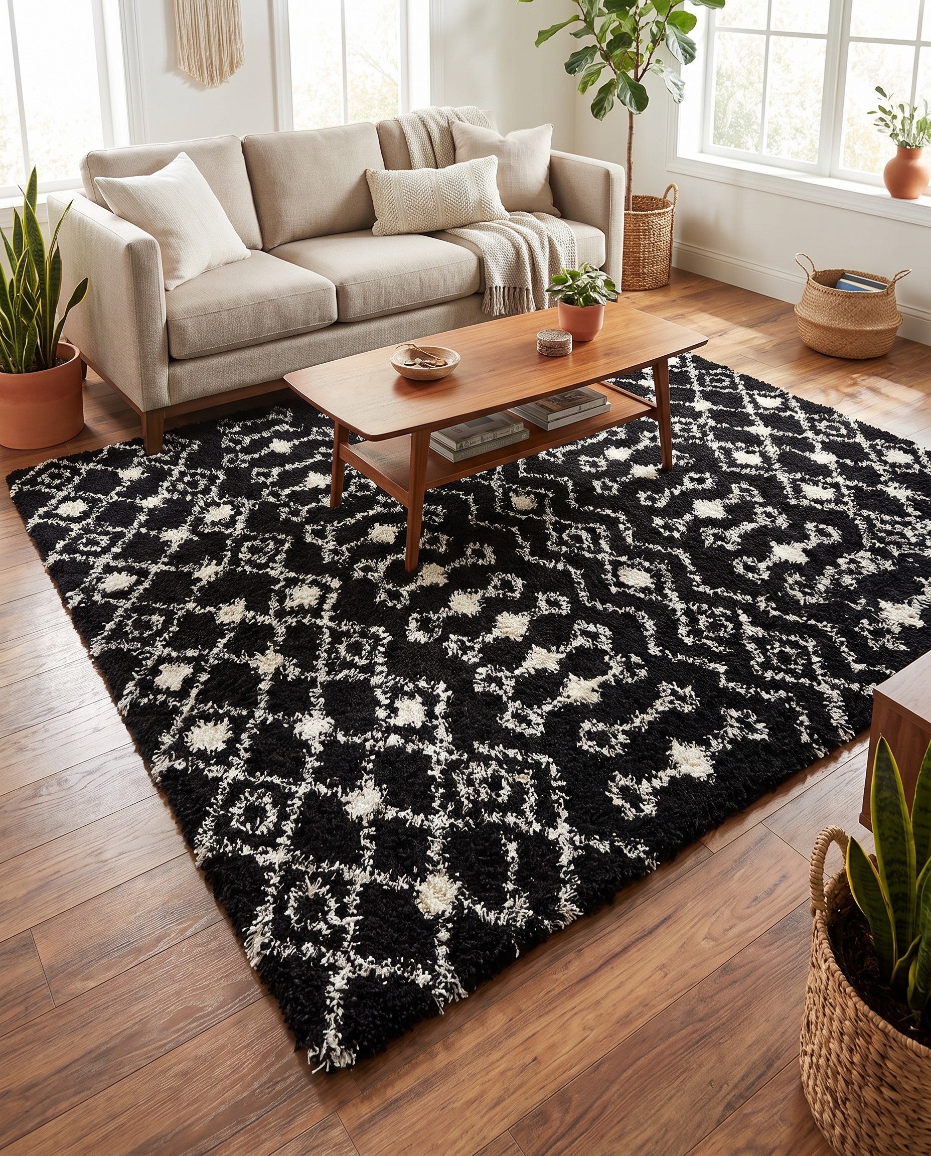Black and White Moroccan Trellis Shag Rug