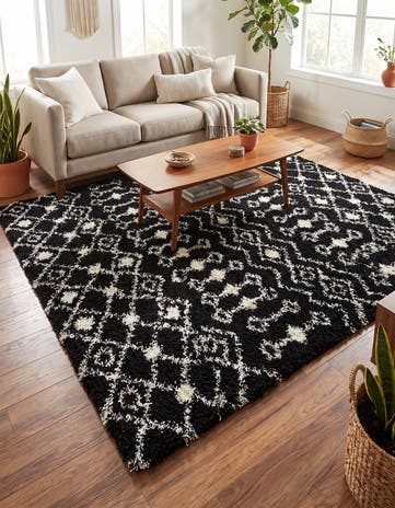 Black and White Moroccan Trellis Shag Rug