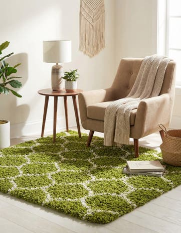 Green Lattice Shag Square Rug