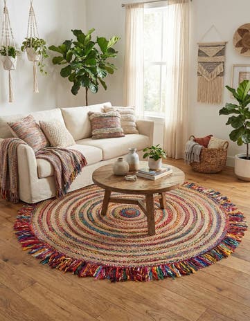 7' 10 x 7' 10 Hand Braided Chindi Jute Round Rug