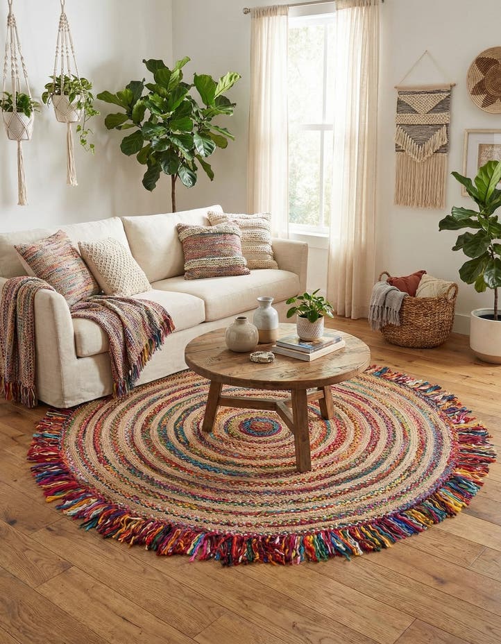 7' 10 x 7' 10 Hand Braided Chindi Jute Round Rug