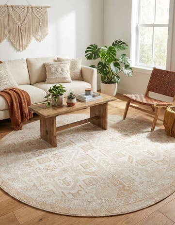 Natural Easy-Clean Aztec Indoor / Outdoor Round Rug