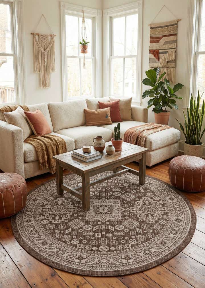7' 10 x 7' 10 Easy-Clean Aztec Indoor / Outdoor Round Rug