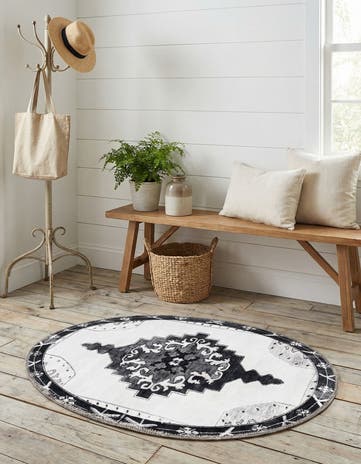 Black and White Washable Timeless Oval Rug