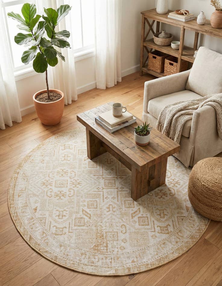 Detail image of 5' 3 x 5' 3  Washable Aztec Indoor / Outdoor Round Rug