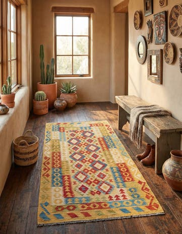 3' 5 x 6' 8 Hand Woven Kilim Maymana Wool Runner Rug
