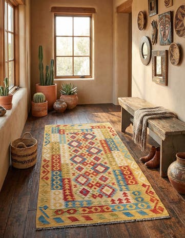 3' 5 x 6' 8 Hand Woven Kilim Maymana Wool Runner Rug