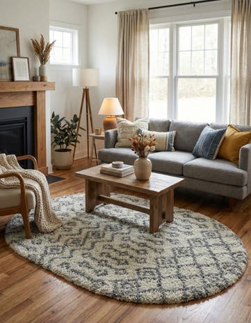 Ivory Moroccan Trellis Shag Oval Rug