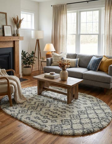 Ivory Moroccan Trellis Shag Oval Rug