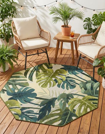 Green Easy-Clean Botanical Indoor / Outdoor Octagon Rug