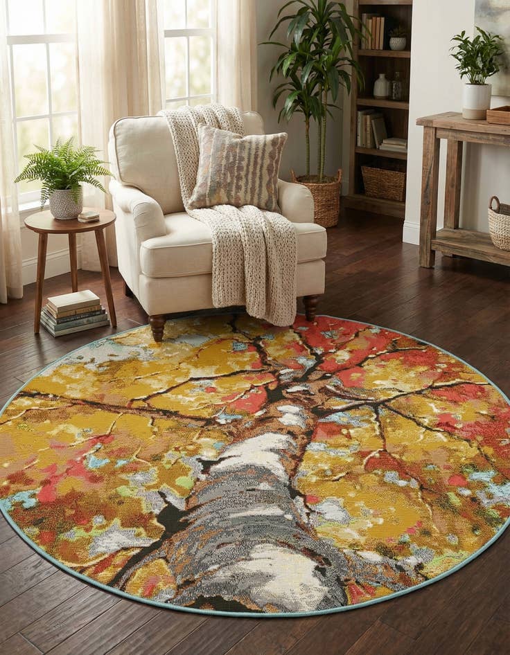 Detail image of  4' 1 x 4' 1  Washable Botanical Indoor / Outdoor Round Rug