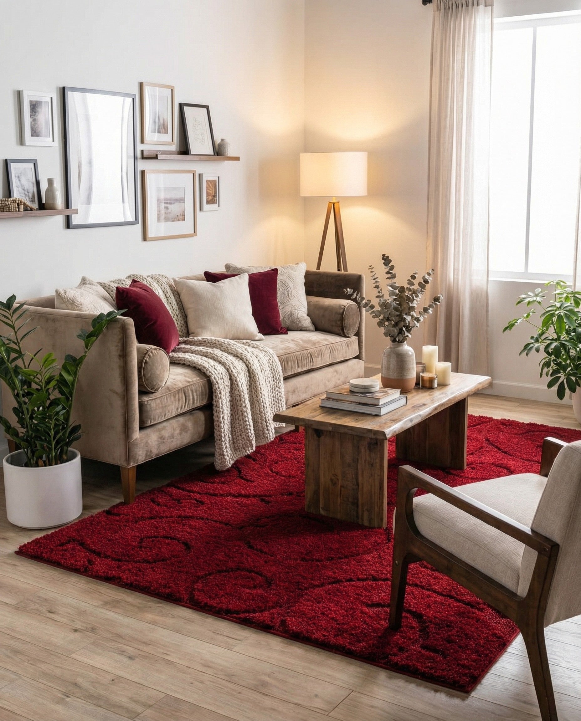 A rectangular 8x11 red shag rug with a subtle, raised floral and scroll pattern, perfect for an indoor living room.