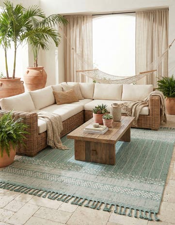 Sea Green Easy-Clean Eco Bohemian Indoor / Outdoor Rug