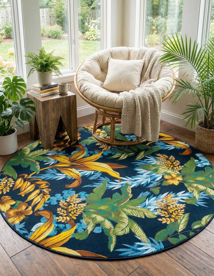Detail image of 10' x 10'  Washable Botanical Indoor / Outdoor Round Rug