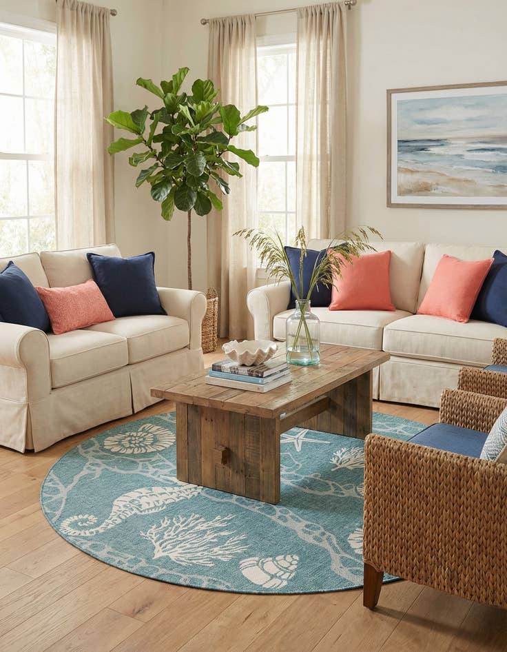Detail image of 7' 10 x 7' 10 Easy-Clean Coastal Indoor / Outdoor Round Rug
