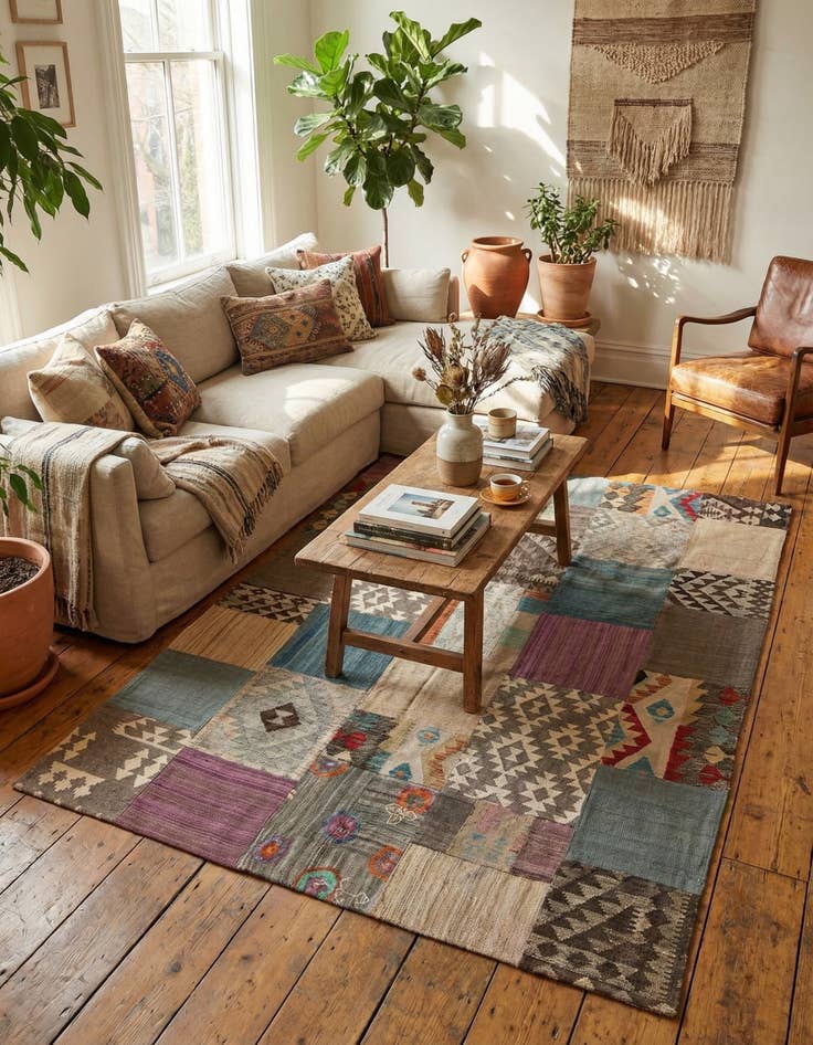 Detail image of  6' x 8'  Hand Woven Kilim Patchwork Wool Rug