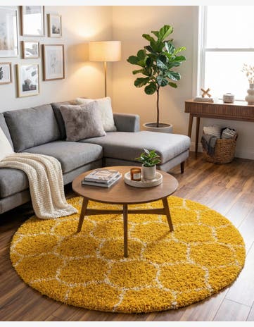 Yellow Lattice Shag Round Rug