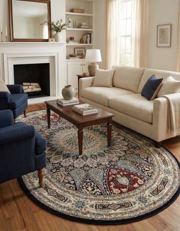 Navy Blue Nain Design Oval Rug
