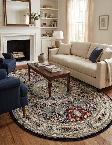 Navy Blue Nain Design Oval Rug