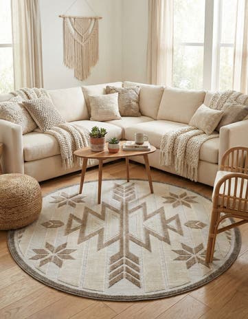 Beige Easy-Clean Modern Indoor / Outdoor Round Rug