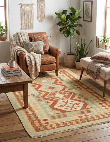 4' x 6' 3 Hand Woven Kilim Waziri Wool Rug