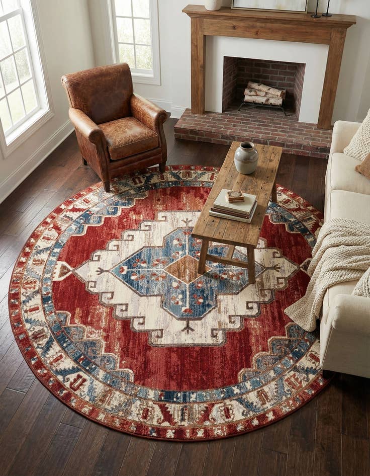 Detail image of 7' 10 x 7' 10  Washable Traditional Indoor / Outdoor Round Rug