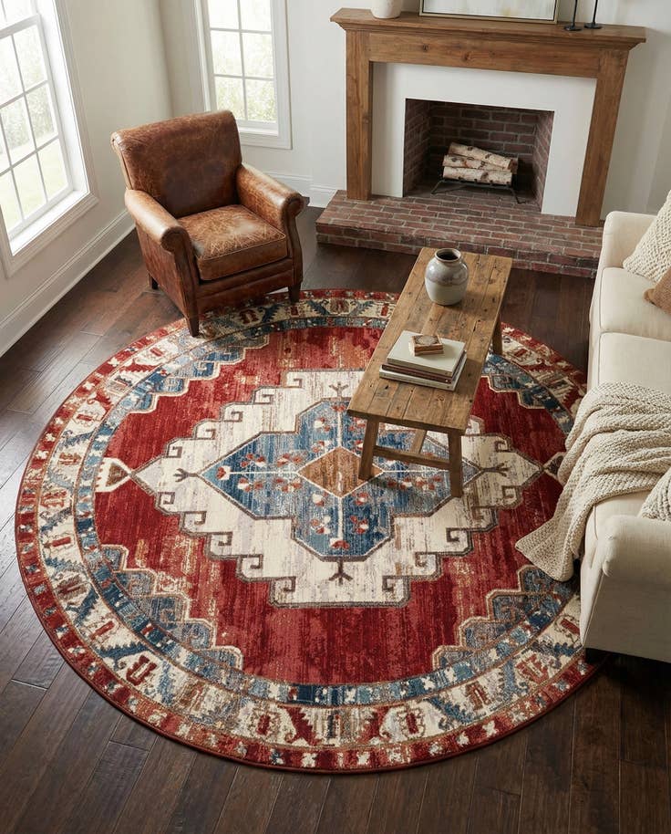 Detail image of 7' 10 x 7' 10 Easy-Clean Traditional Indoor / Outdoor Round Rug