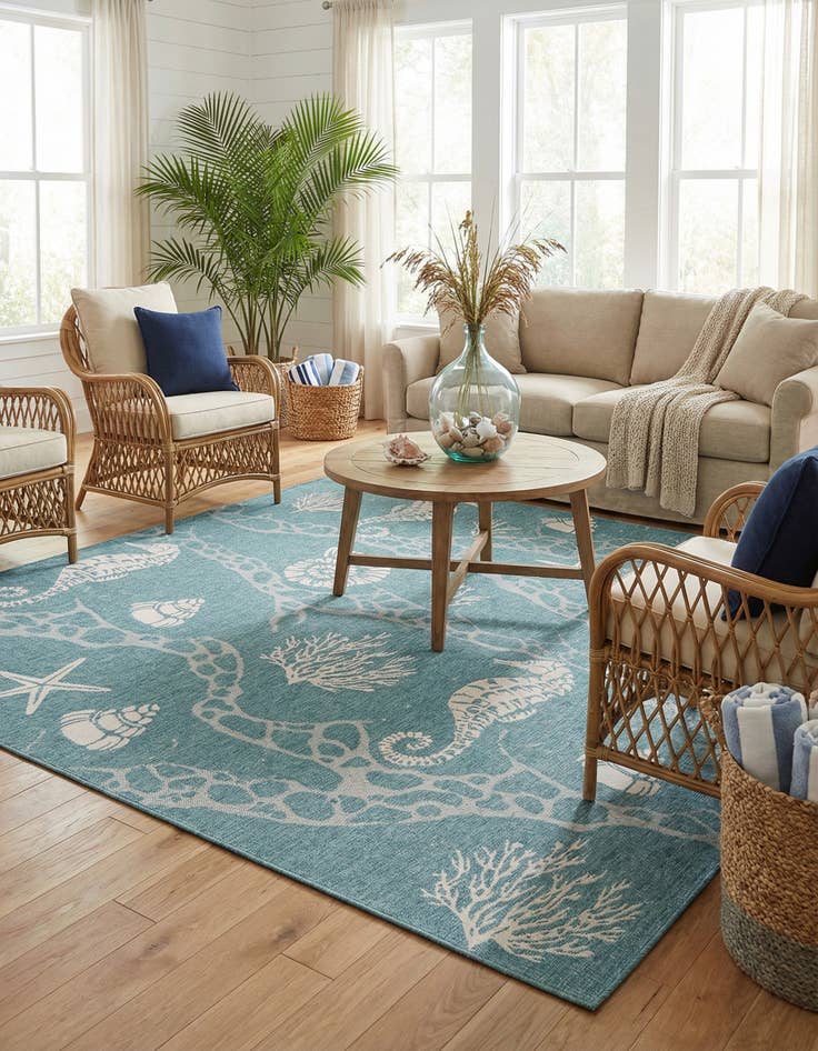 Detail image of  10' x 10'  Washable Coastal Indoor / Outdoor Square Rug