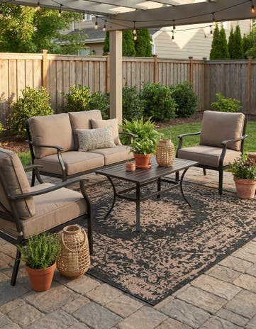 Black Easy-Clean Traditional Indoor / Outdoor Square Rug