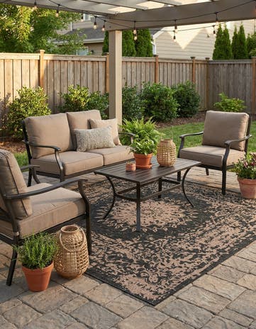 Black Easy-Clean Traditional Indoor / Outdoor Square Rug