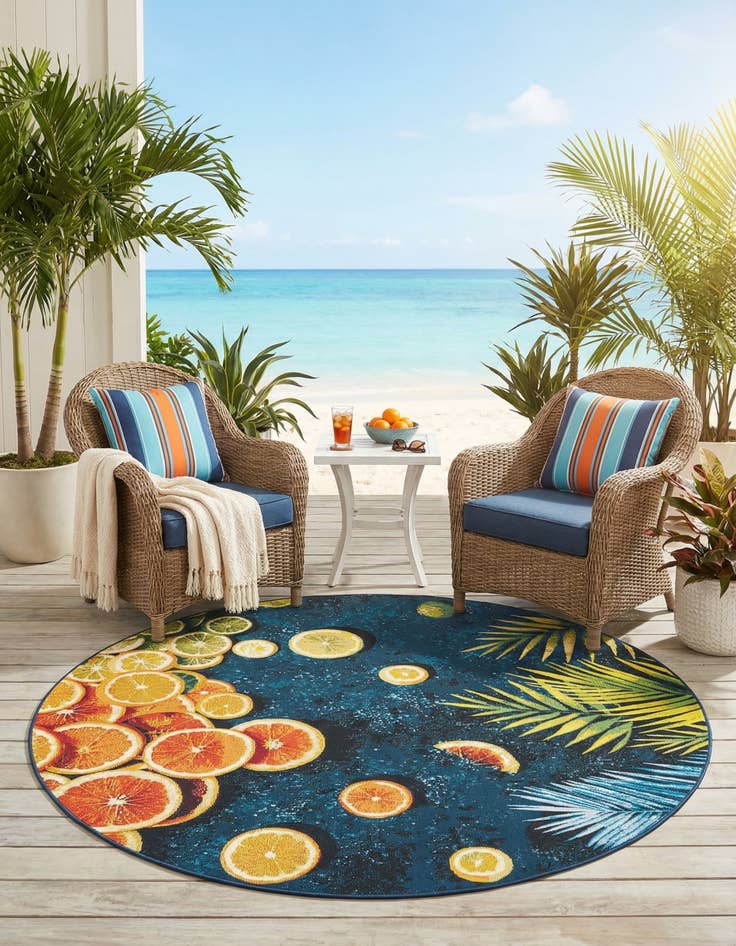 Detail image of 6' x 6'  Washable Coastal Indoor / Outdoor Round Rug