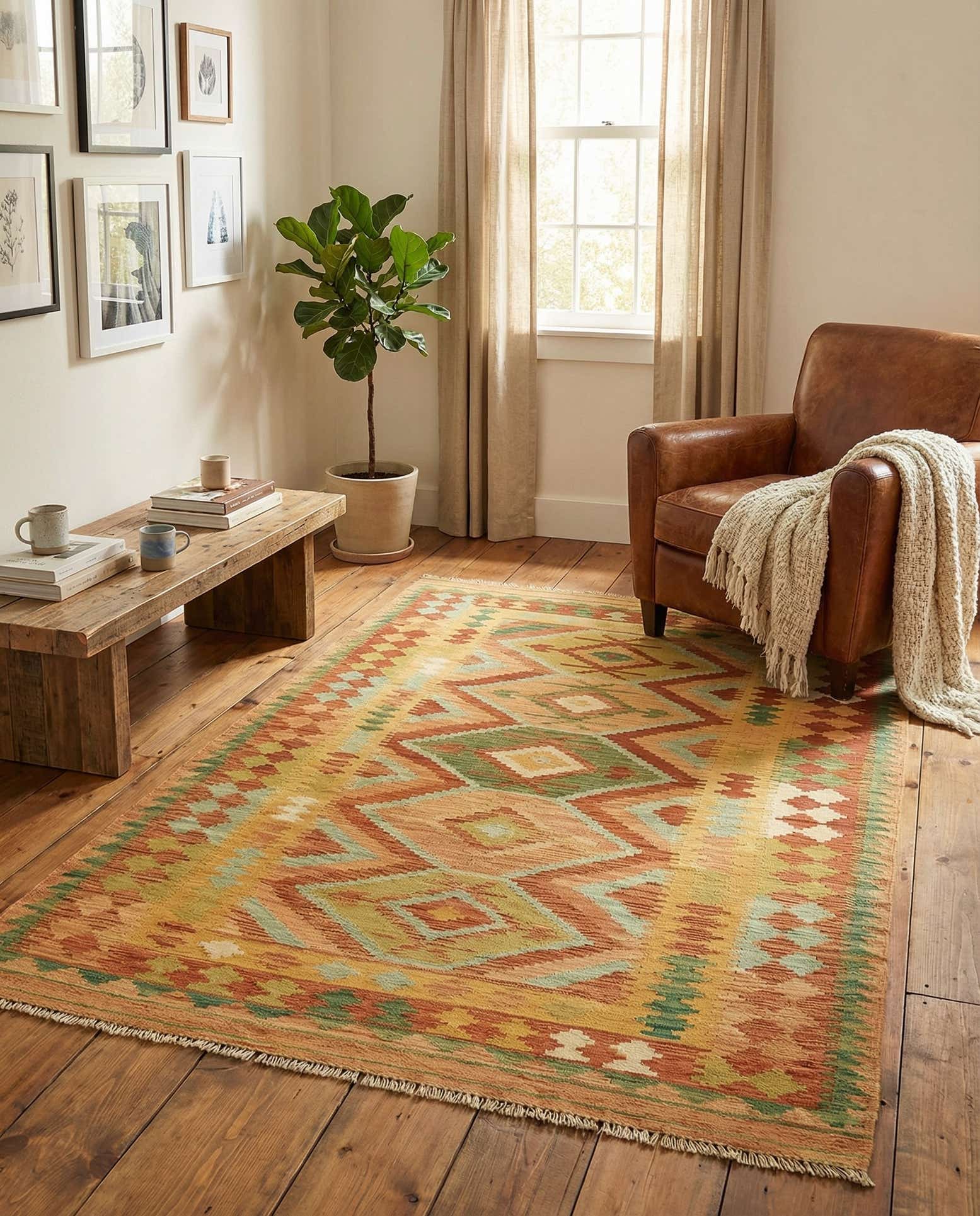 3' 8 x 6' 3 Hand Woven Kilim Waziri Wool Rug