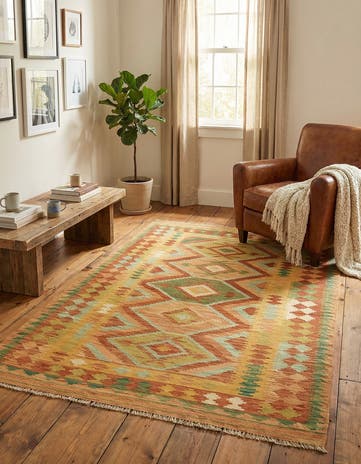 3' 8 x 6' 3 Hand Woven Kilim Waziri Wool Rug